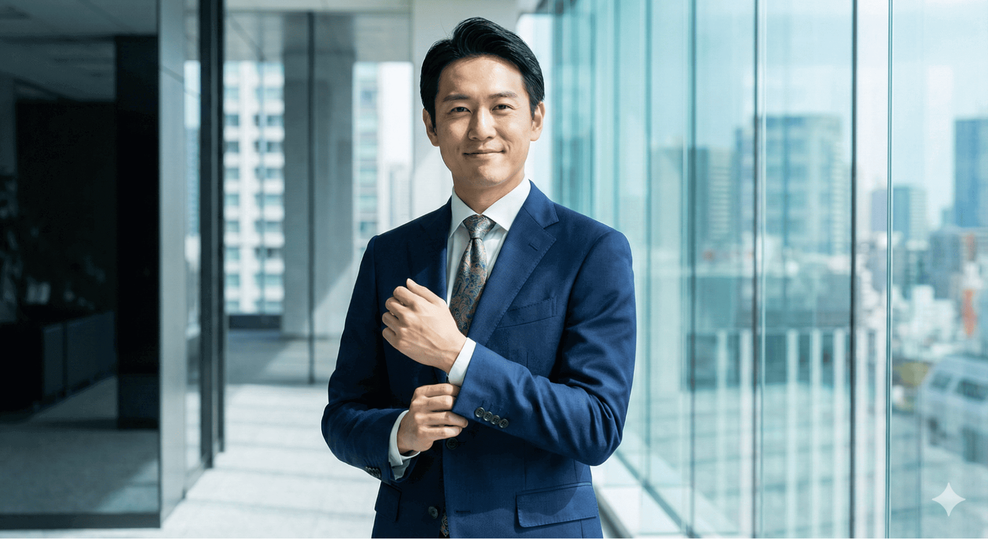 穿著合身深藍色西裝的專業商務男士,展現正裝穿搭的自信形象。