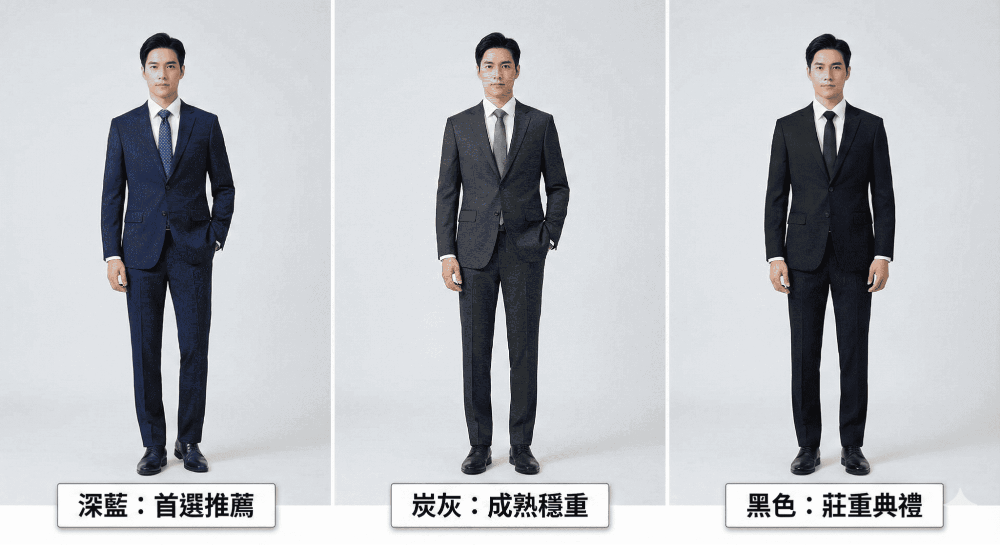 一張色系比較圖,並排展示三位男士分別穿著深藍色(標註:首選推薦)、炭灰色(標註:成熟穩重)與黑色(標註:莊重典禮)西裝,呈現不同顏色的視覺印象差異。