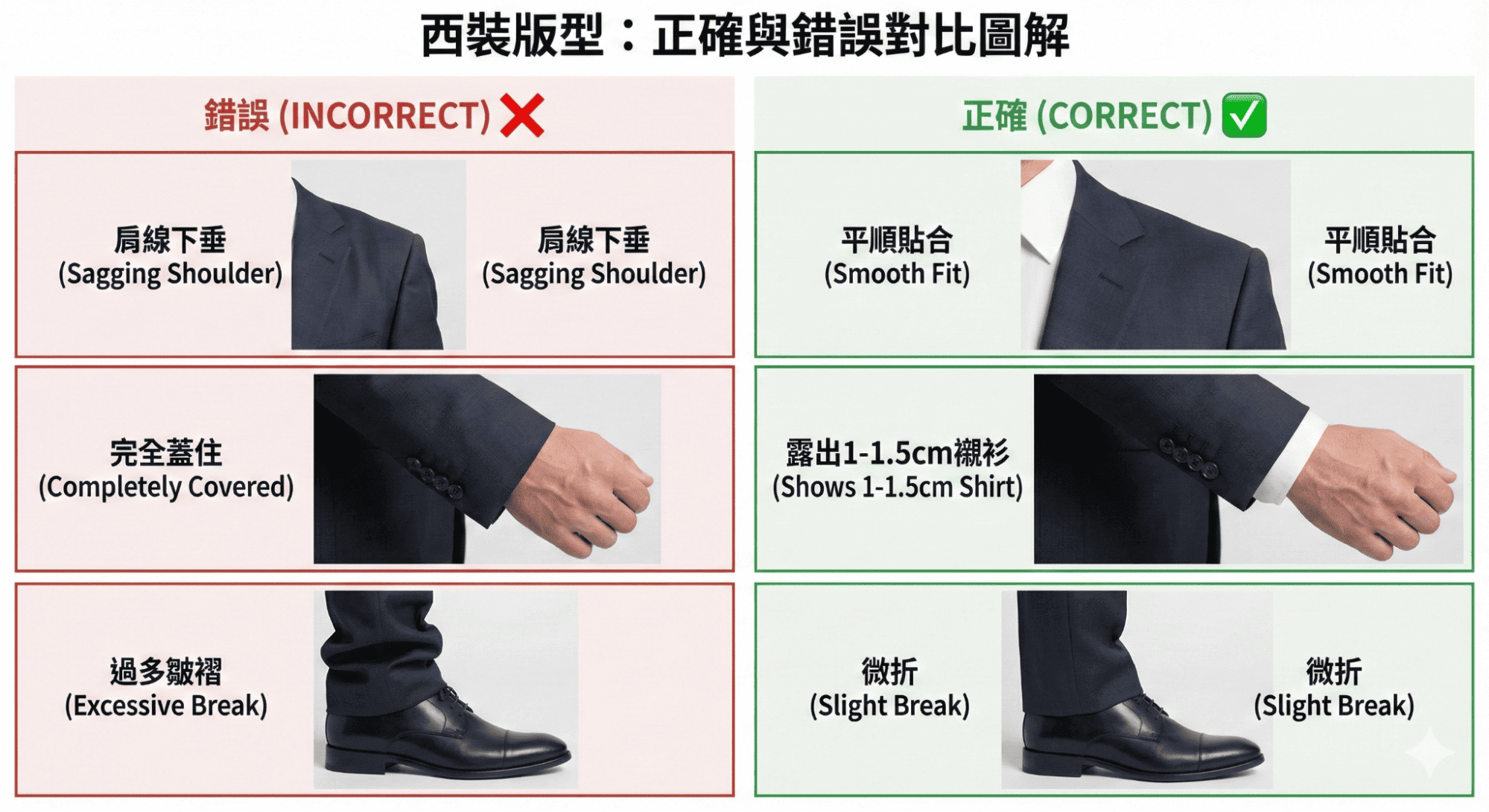 一張圖解西裝正確版型的資訊圖表,透過對比照片顯示肩線、袖長與褲長的正確(打勾)與錯誤(打叉)示範,例如正確的袖長應露出約 1 公分的襯衫袖口。