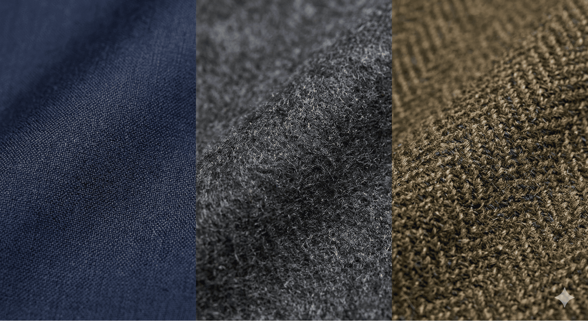 兩張西裝布料的微距特寫照片,左側是帶有細緻光澤的四季羊毛布料,右側是質地粗獷的粗花呢毛料,展現不同材質的紋理差異。)