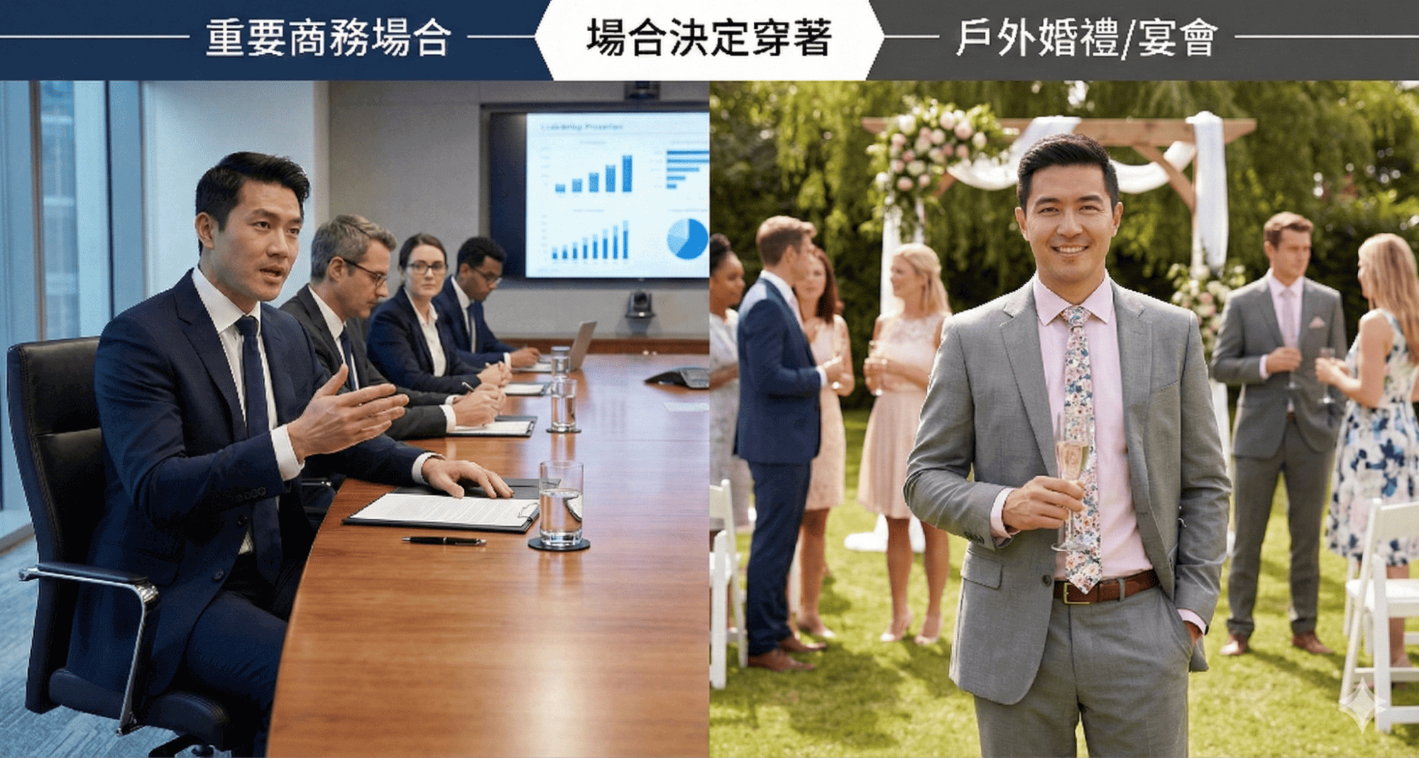 一張分割畫面,左側顯示穿著深色西裝在嚴肅商務會議室開會的場景,右側顯示穿著較活潑搭配在戶外婚禮交談的場景,對比不同場合的合適穿著。