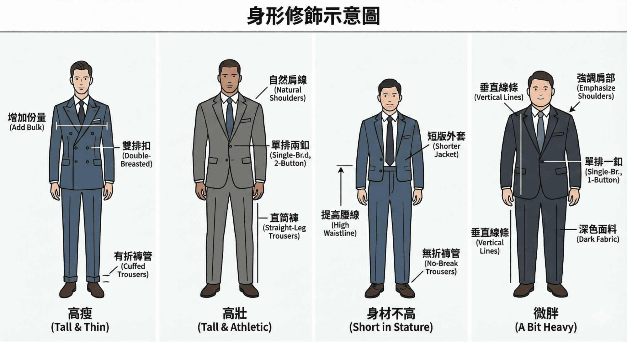 一張插畫圖表,展示高瘦、高壯、矮小、微胖四種不同男性身形,並在各自人物身上用線條和箭頭標示出修飾比例的穿搭重點,例如為矮小身形標示提高腰線。