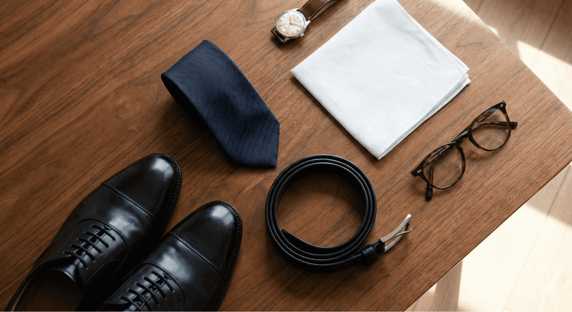 一張精心擺設的平拍照片,在木質桌面上整齊陳列著一套西裝配件,包含一條深藍色領帶、一雙黑色牛津皮鞋、一條黑色皮帶以及一塊白色口袋巾。