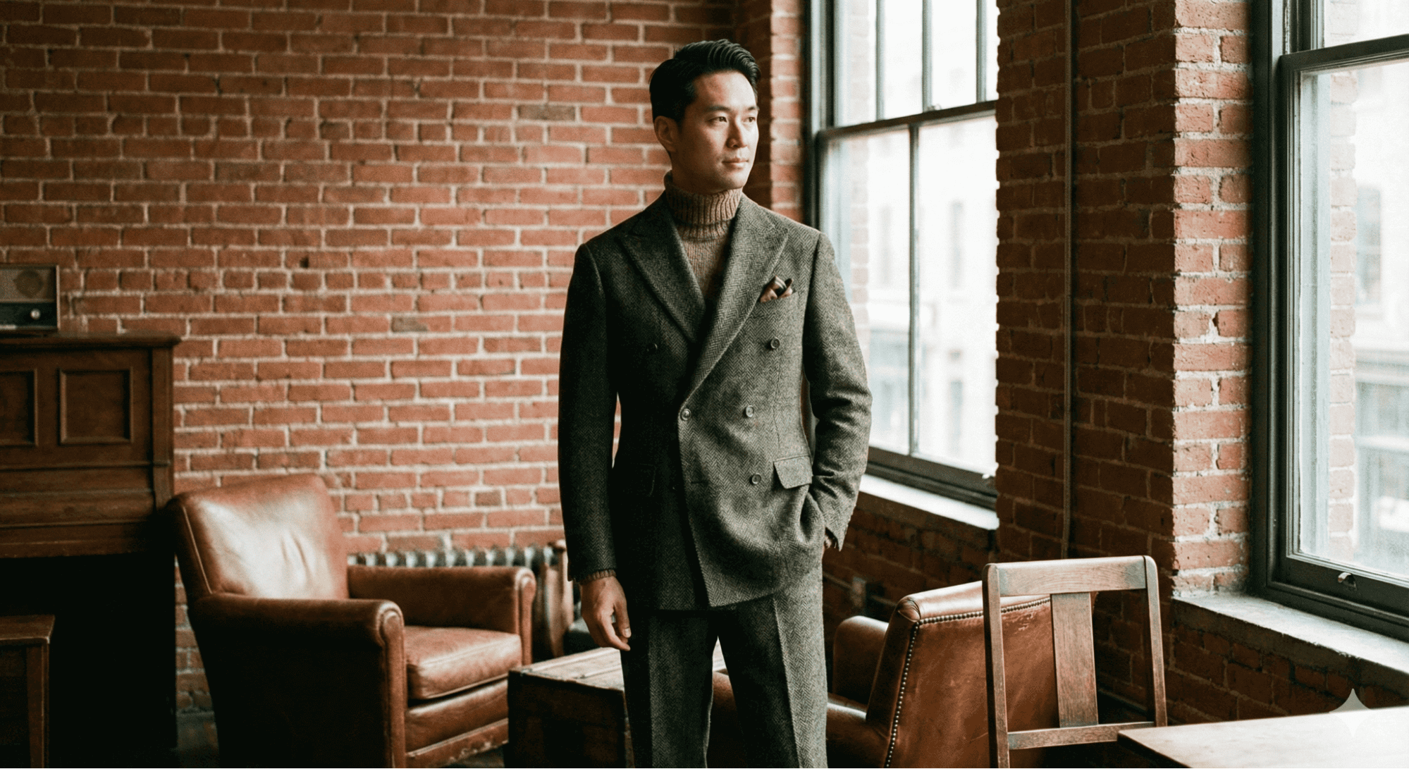 紳裝手工訂製復古西裝推薦,穿著雙排扣粗花呢西裝的亞洲男士,展現 2026 Modern Vintage 紳士風格。