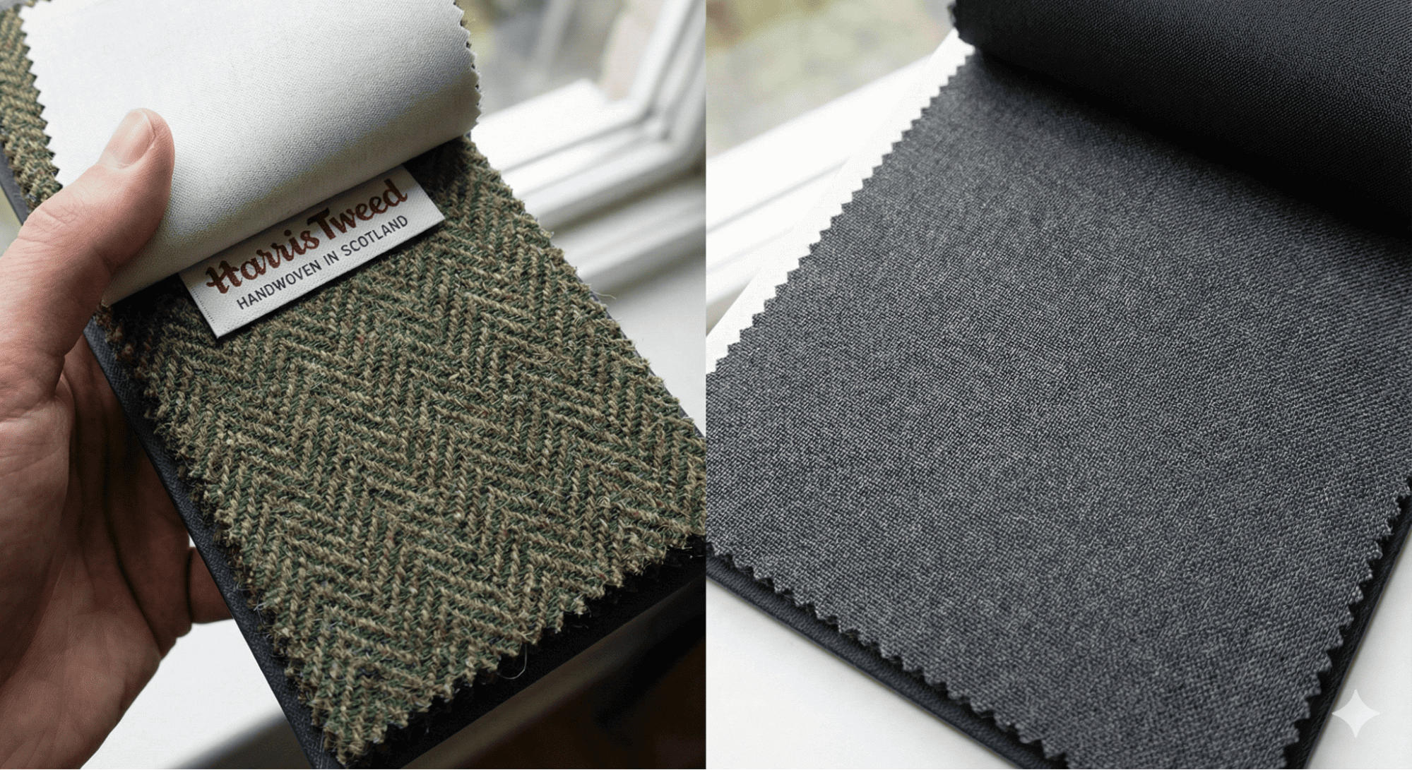 Harris Tweed 粗花呢布料特寫,清楚可見人字紋與顆粒質感,適合訂製秋冬復古西裝。