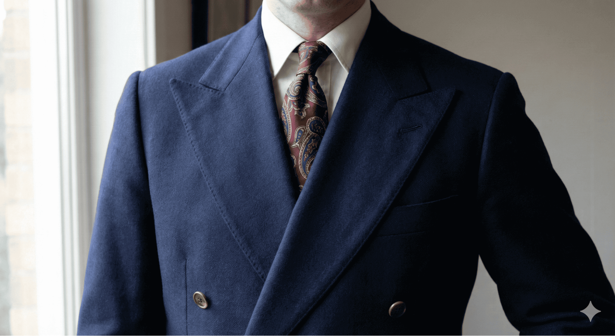 復古西裝寬領片細節,大劍領設計修飾身形並增加氣勢,搭配雙排扣版型。