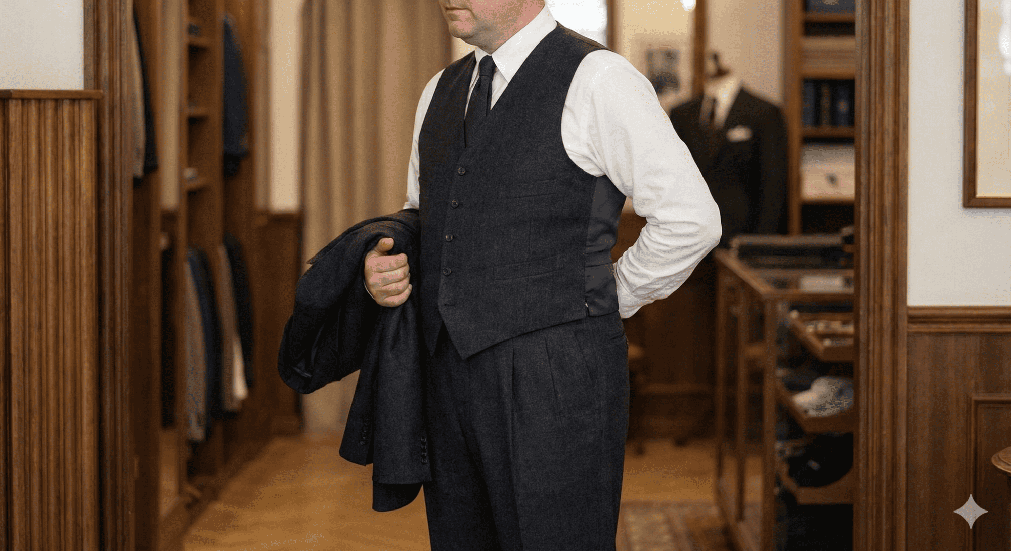 三件式復古西裝穿搭,利用背心收束腰線修飾肚腩,適合微胖身形的訂製建議。