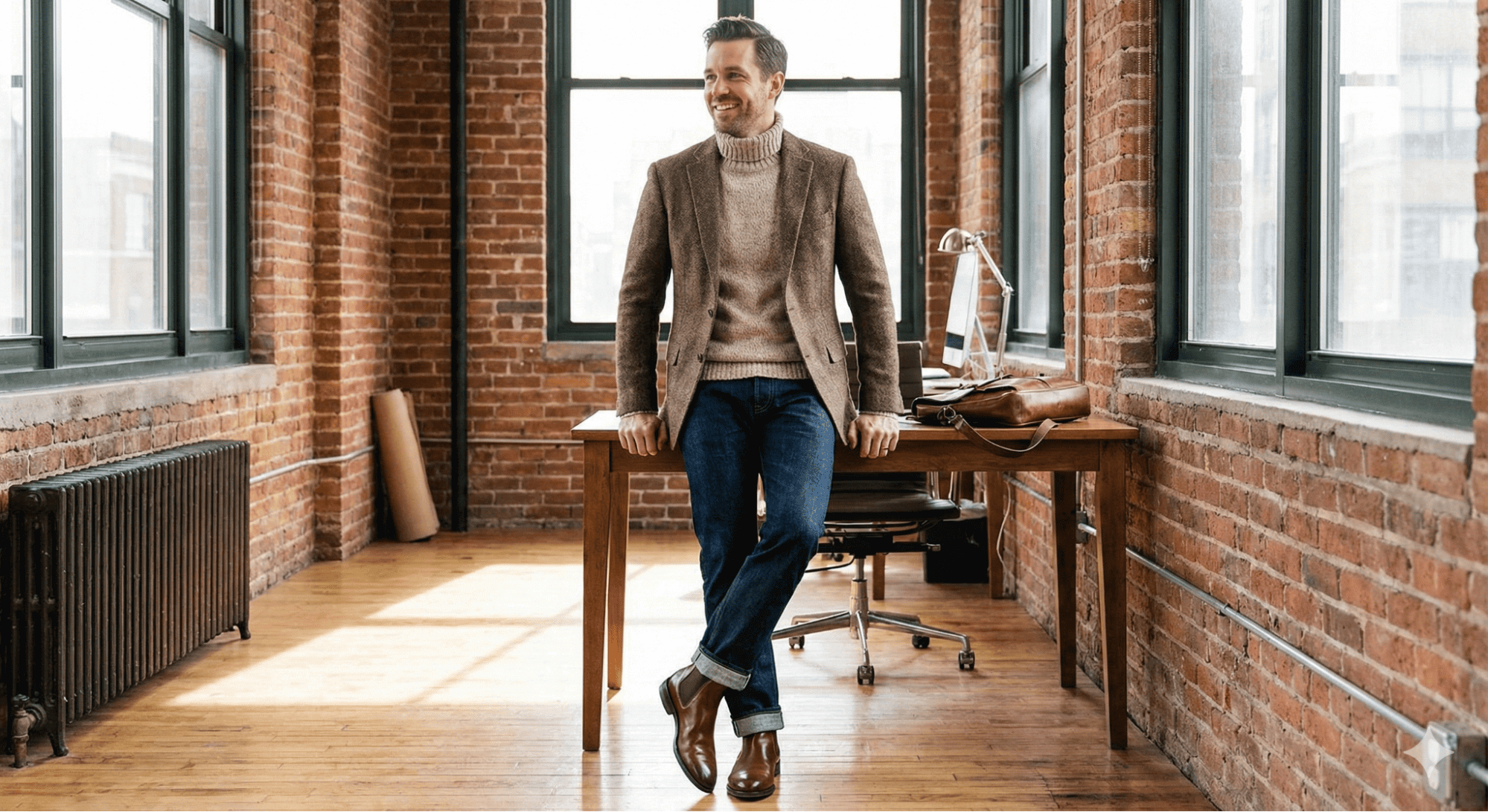 復古西裝休閒穿搭示範,粗花呢外套搭配牛仔褲與高領毛衣,展現 Smart Casual 風格。