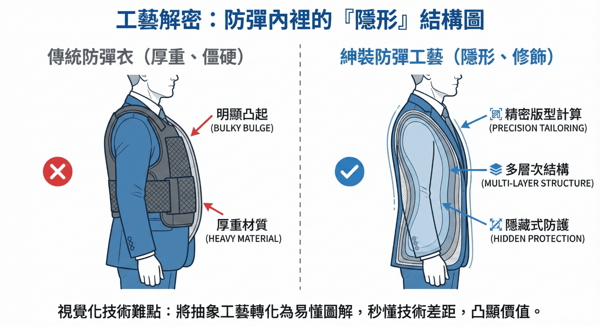 技術資訊圖表，對比傳統防彈衣的厚重凸起，與紳裝訂製工藝將防彈層完美隱藏的平順外觀