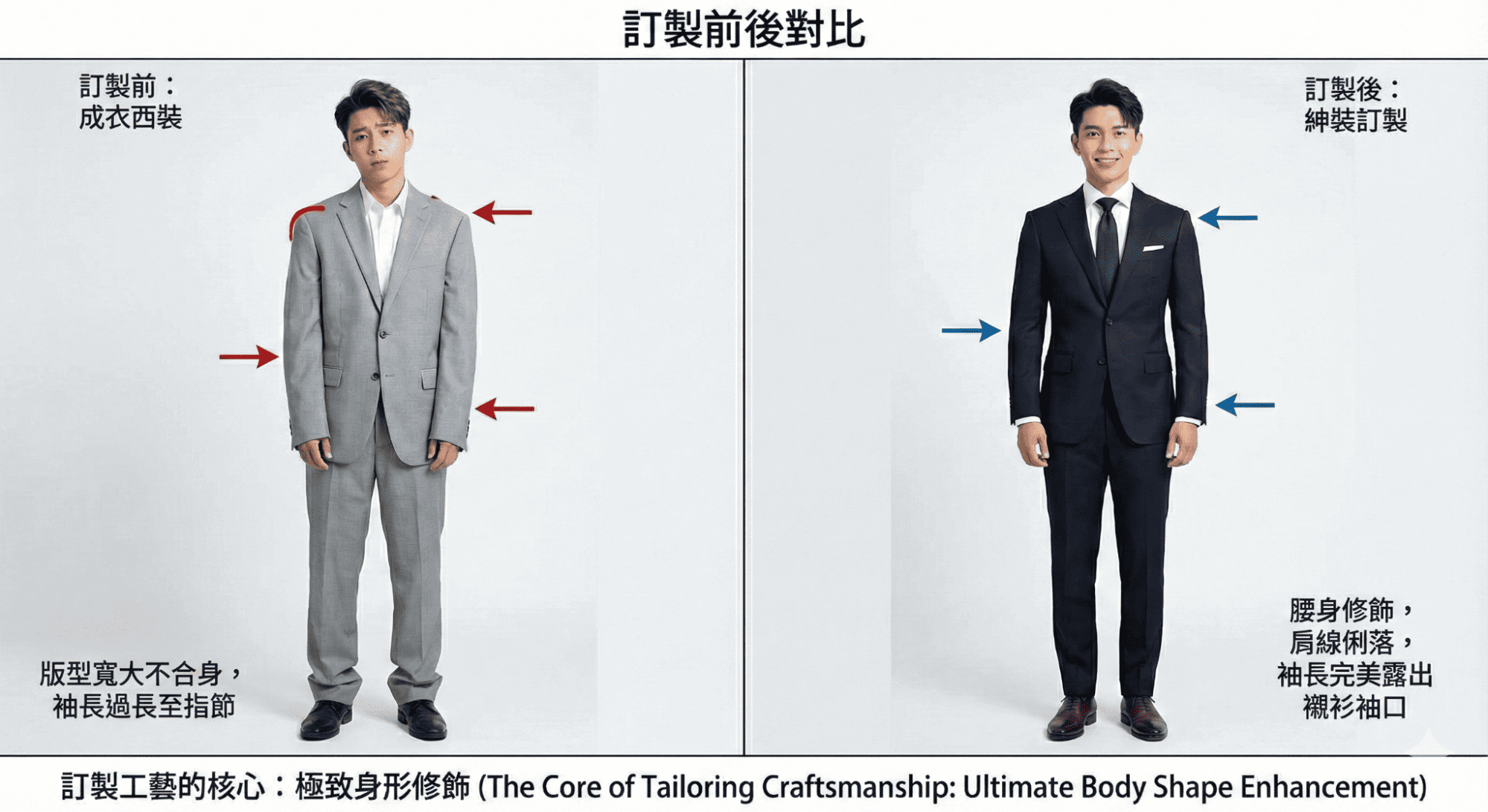 訂製前後對比圖。左側男士穿成衣西裝顯得沒精神；右側穿訂製西裝，身形挺拔自信，展示極致修飾效果。