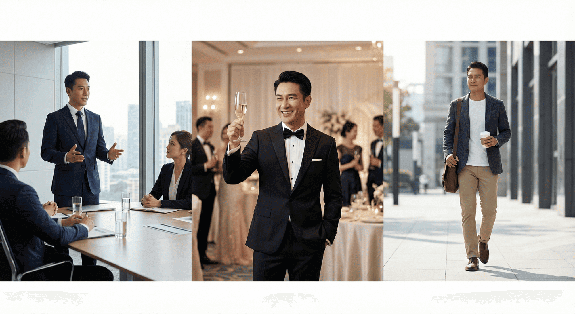 三格拼圖展示訂製西裝的應用場景：左為重要商務會議，中為婚禮典禮，右為日常專業形象街拍。