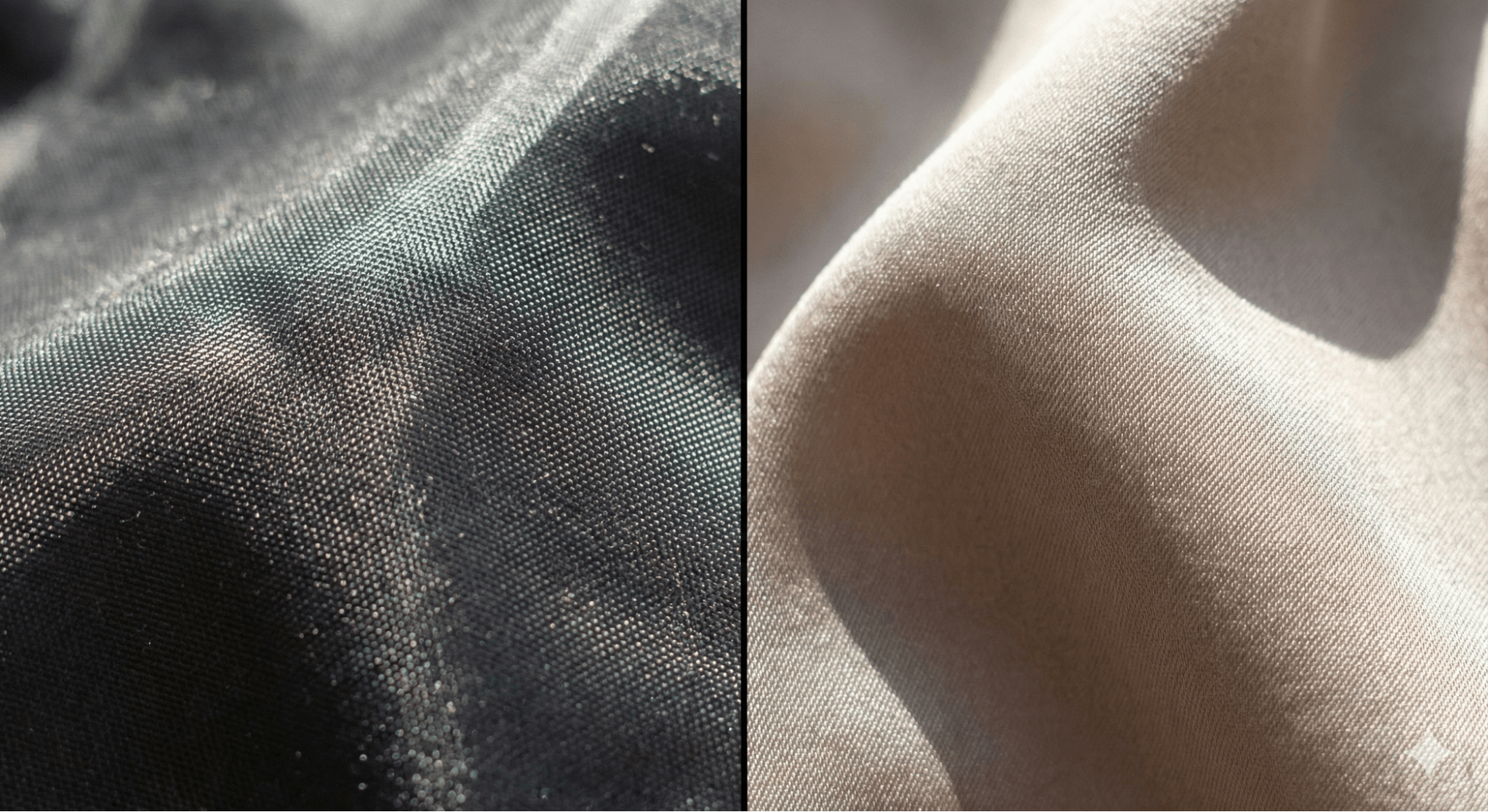 西裝內裡材質觸感對比：左為悶熱的聚酯纖維，右為透氣柔軟的賓霸銅氨纖維內裡特寫。