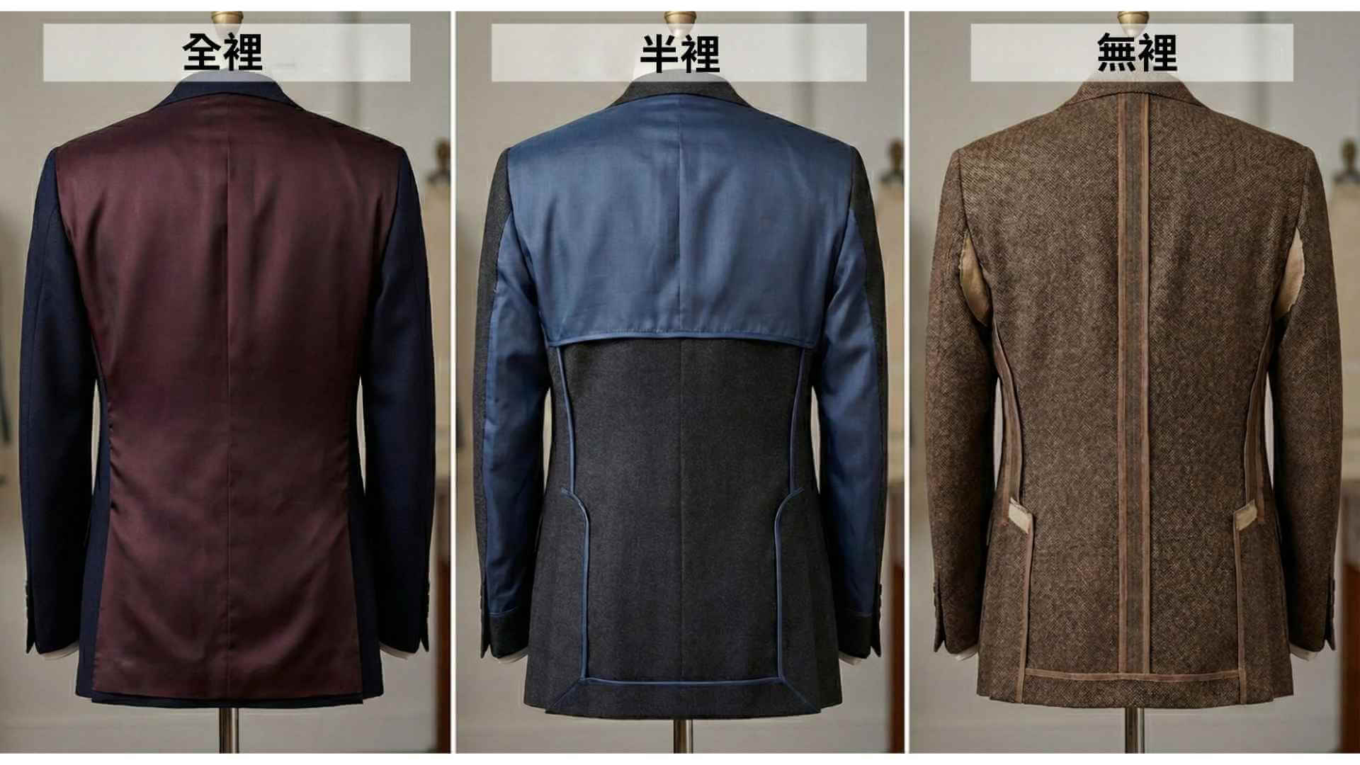 西裝內襯結構比較圖：左為全裡、中為適合台灣的半裡、右為極致透氣的無裡內部實拍。