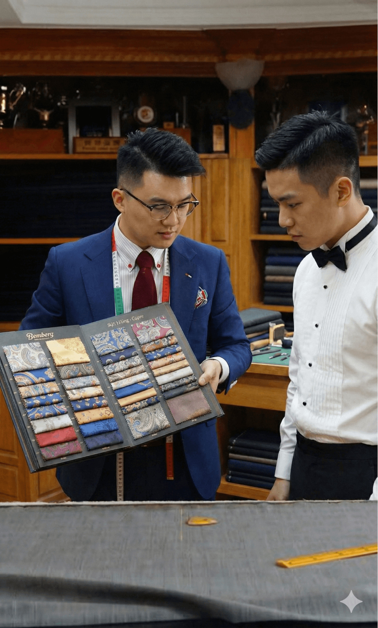 紳裝西服專業顧問與顧客挑選西裝內裡樣品：提供多樣化材質選擇與一對一專業諮詢服務情境。
