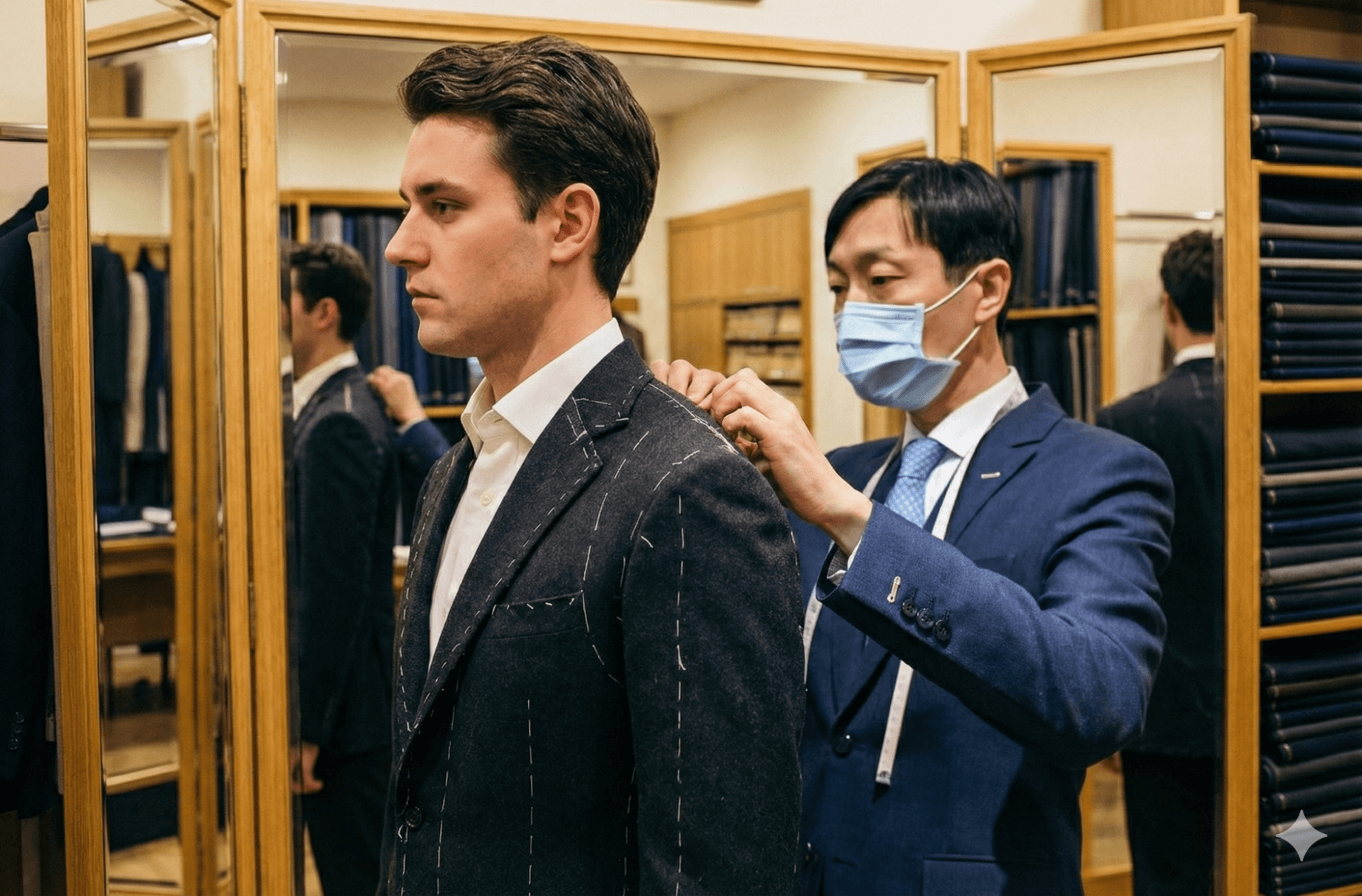 全訂製西裝必經流程：毛胚試穿與身形調整服務。