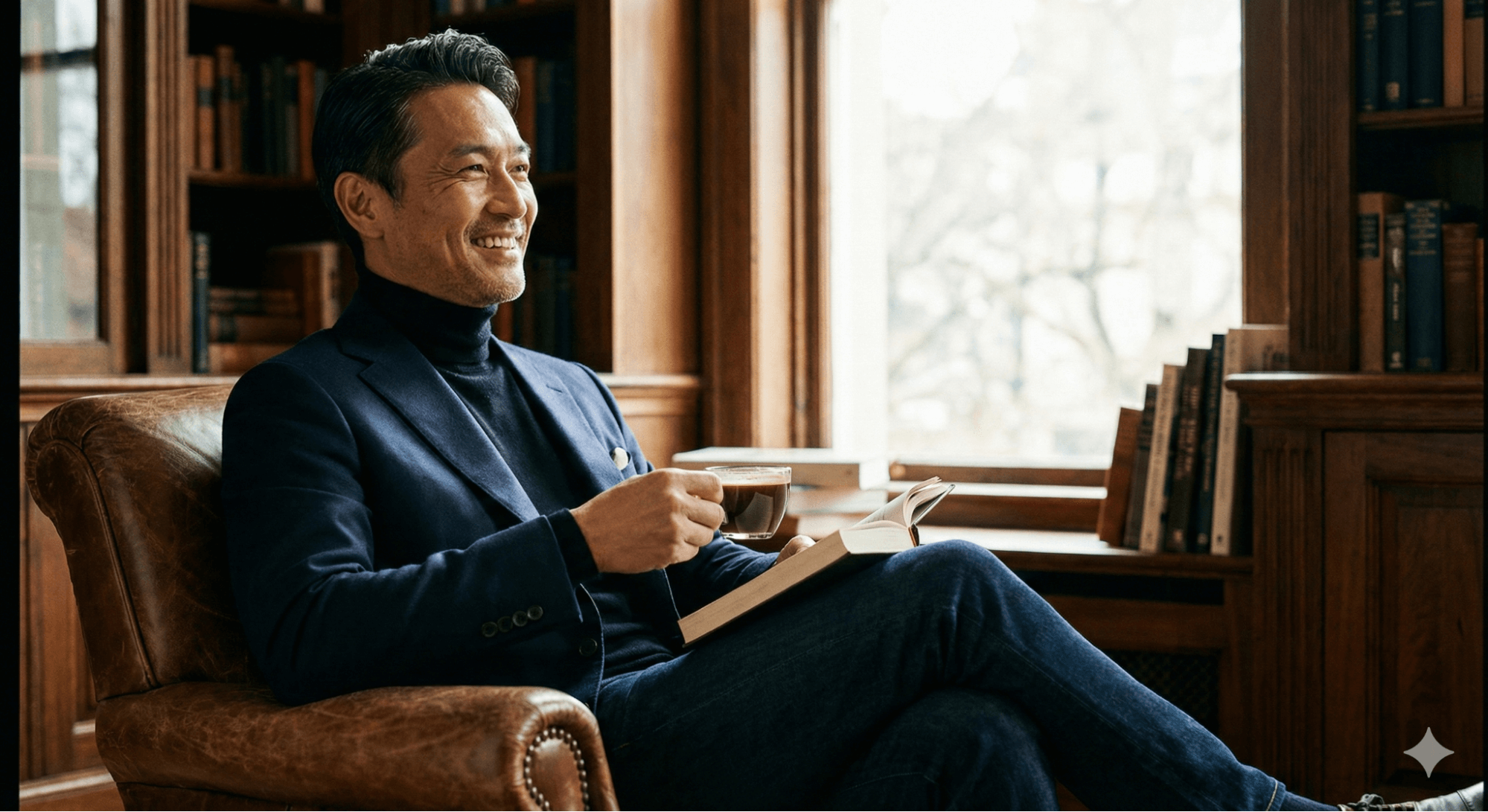 訂製西裝穿搭示範：單穿西裝外套搭配高領衫，展現商務休閒 (Smart Casual) 的紳士品味。