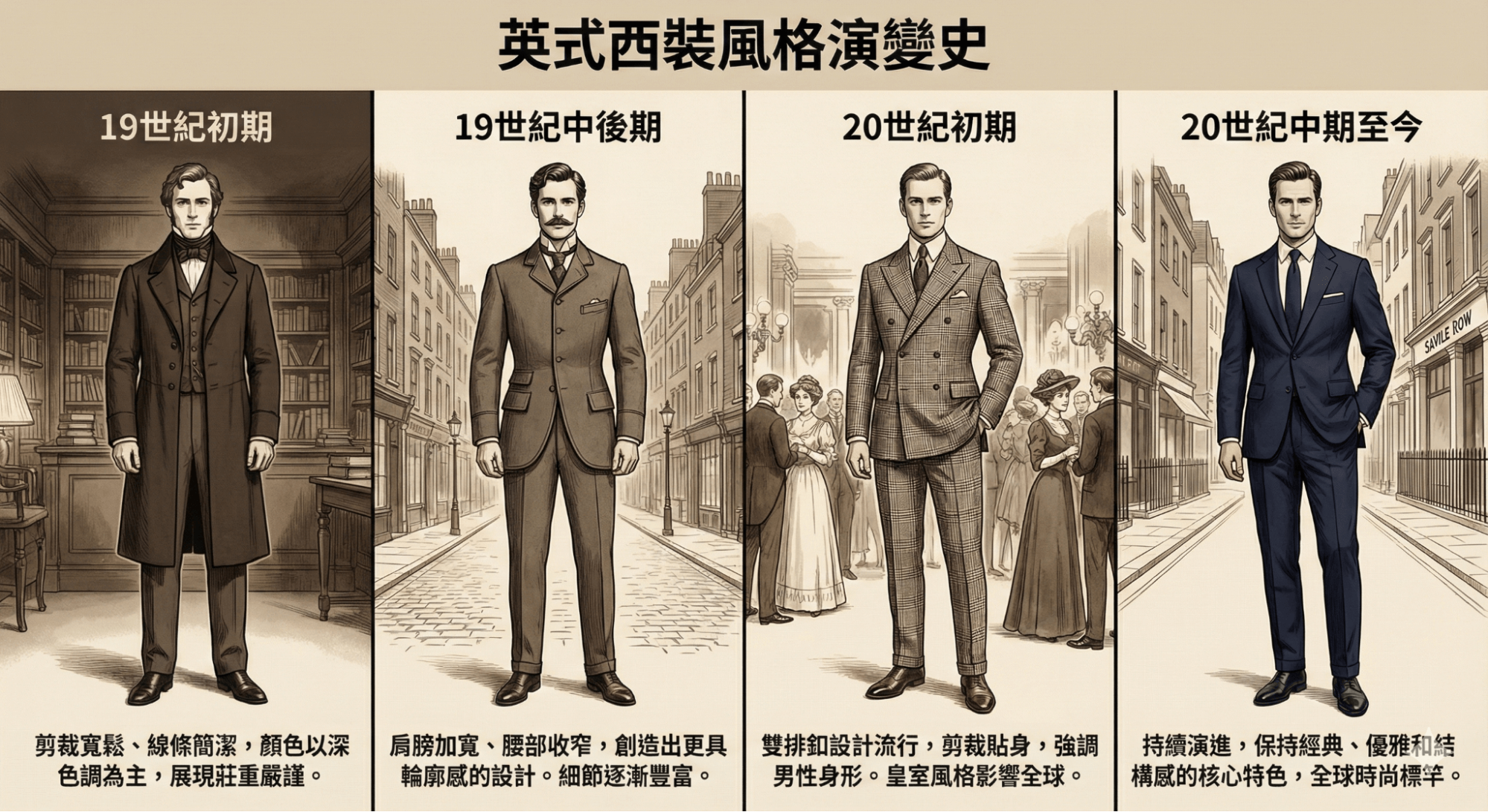 英式西裝風格演變史資訊圖表，展示從19世紀初期到現代的西裝剪裁與設計演變，包括寬鬆的長禮服外套、收腰的輪廓設計、流行的雙排釦款式，以及持續保持經典優雅的現代西裝。