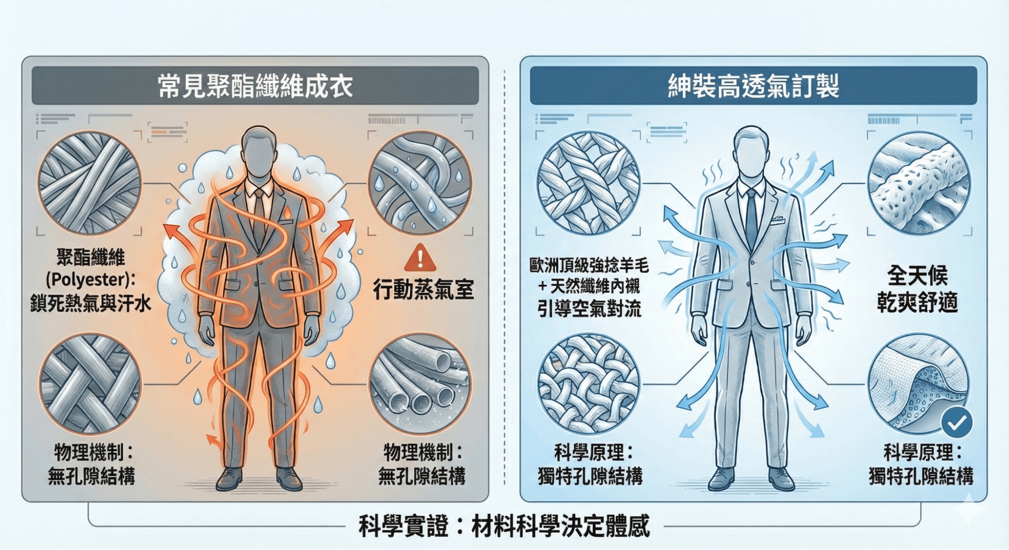 商務西裝透氣度實測對比圖：左側顯示穿著一般聚酯纖維成衣導致背部悶熱出汗；右側顯示穿著紳裝高透氣布料訂製西裝保持乾爽舒適。