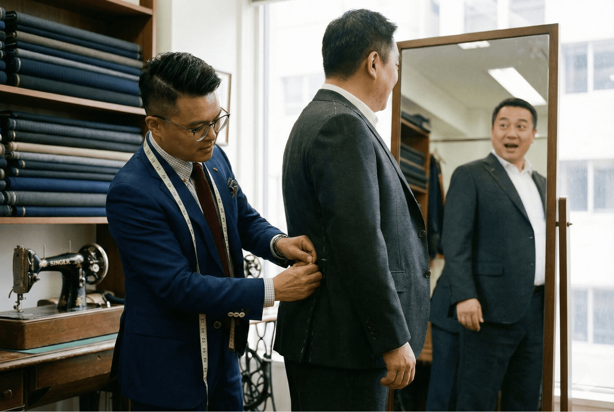 紳裝專業裁縫師為中廣身材男士進行西裝試穿與結構調整，運用特殊剪裁修飾啤酒肚，展現修身效果。