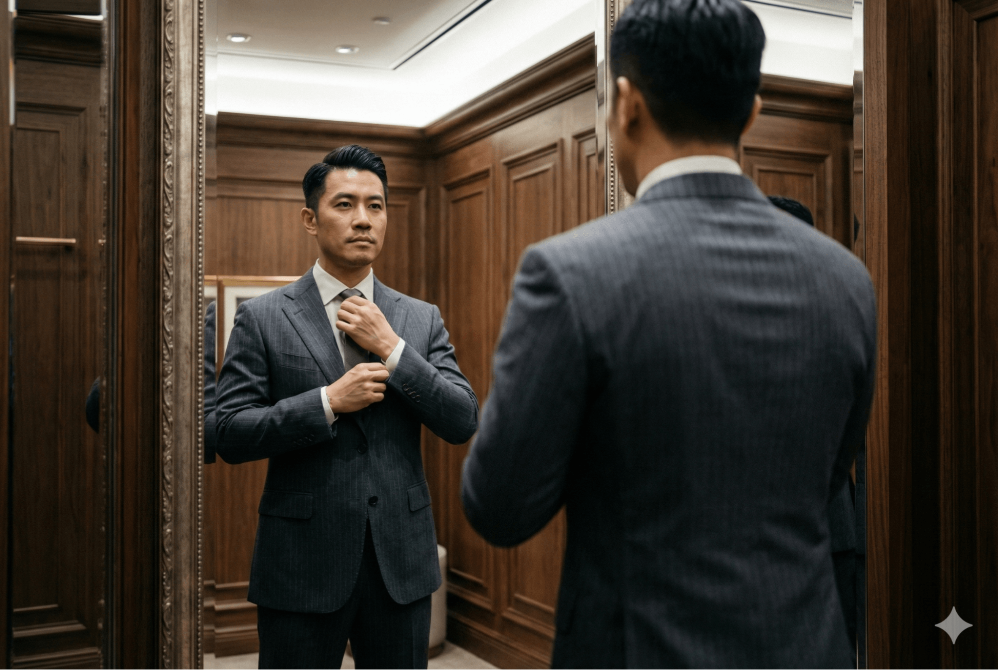 穿著紳裝訂製商務西裝的男士自信整理儀容，展現準備迎接職場挑戰的專業與領袖氣質。